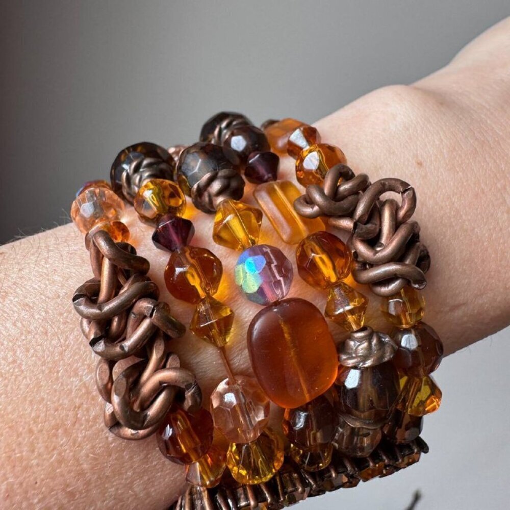 Boho-Chic Women’s Chunky Multilayer Bracelet with Crystals & Chains in Amber/Bro - Picture 4 of 7